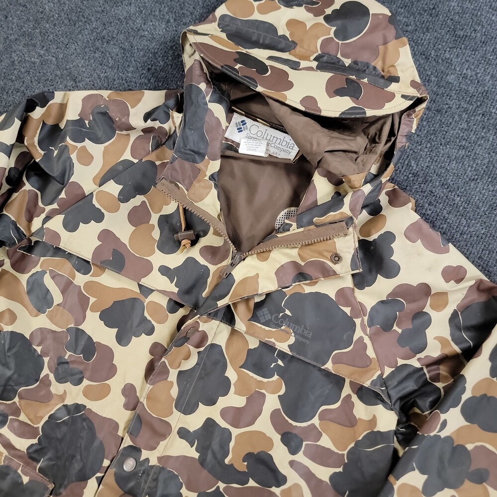 Vintage Columbia Duck Camo Hooded Rain Jacket Men's L PVC Shell Hunting 80s 90